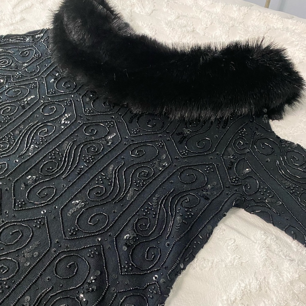 Berek2 Vintage Black Sequin Sweater w/detachable Fur Collar